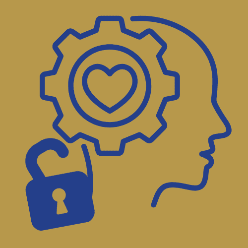 Head with gear as brain and open padlock